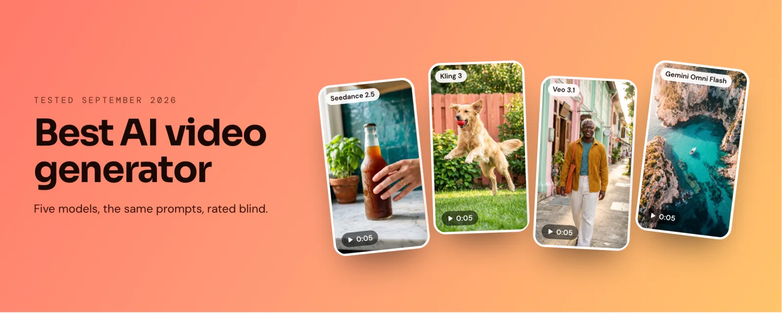 Best AI video generator: four 9:16 video clips labelled Seedance 2.5, Kling 3, Veo 3.1 and Gemini Omni Flash