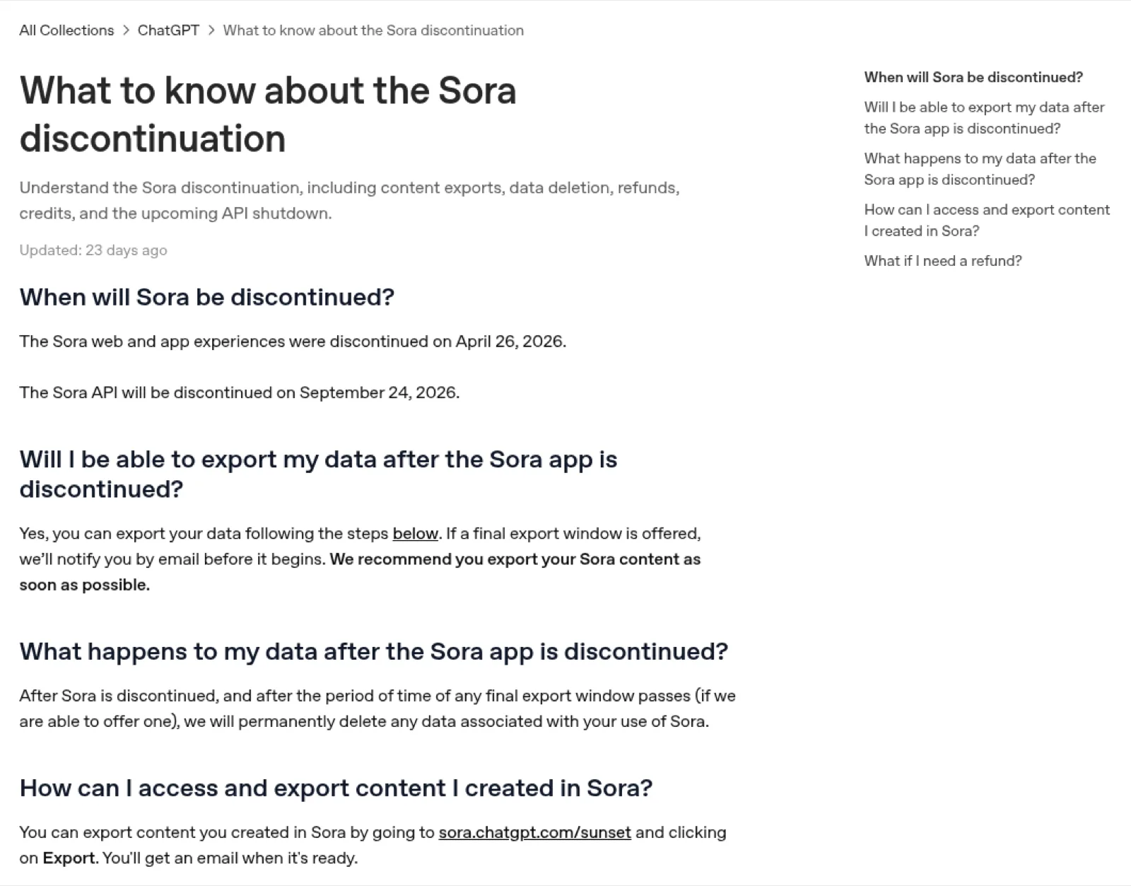 OpenAI Help Center article listing the Sora shutdown dates