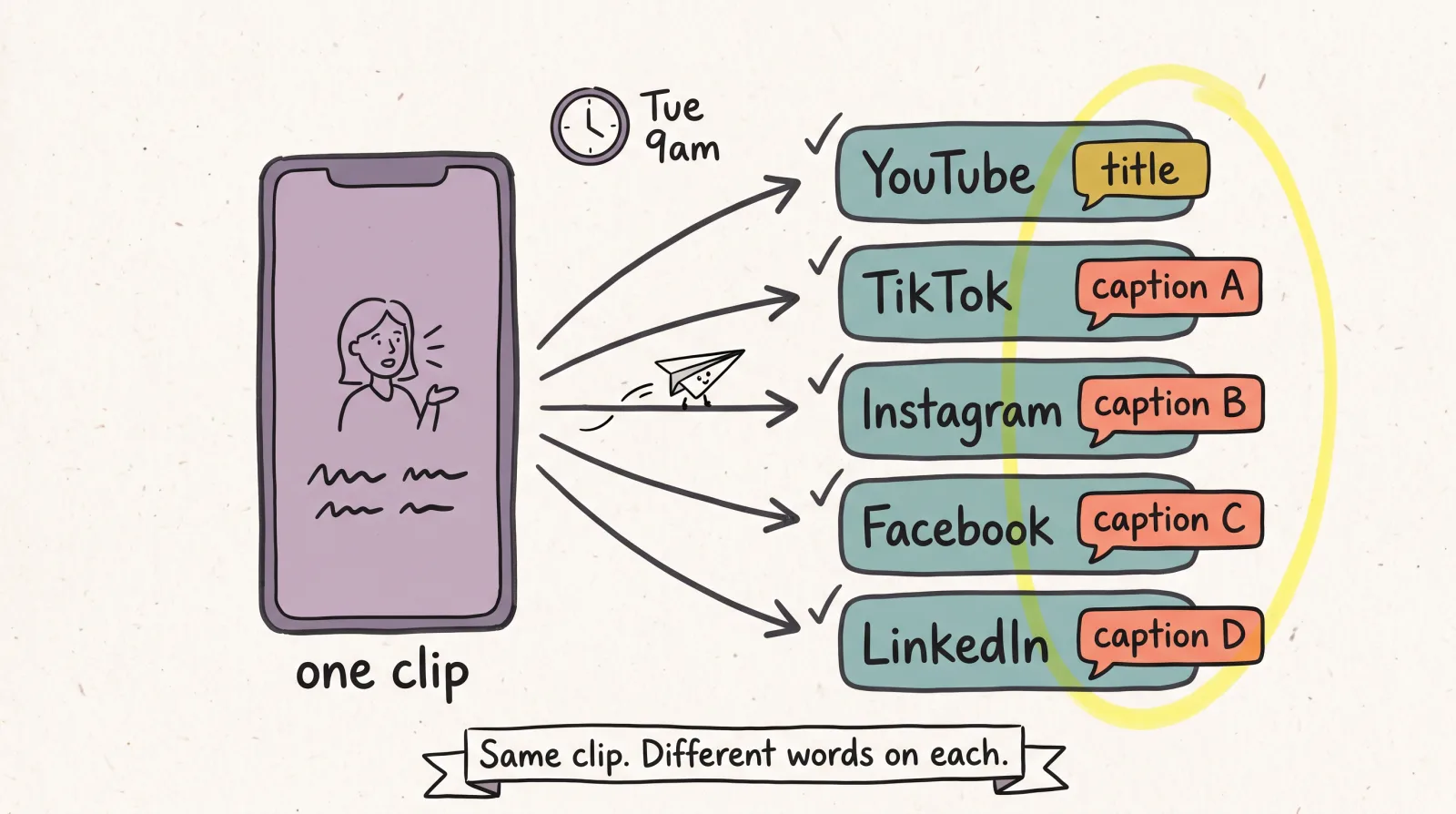One clip scheduled to YouTube, TikTok, Instagram, Facebook and LinkedIn with a different title or caption on each