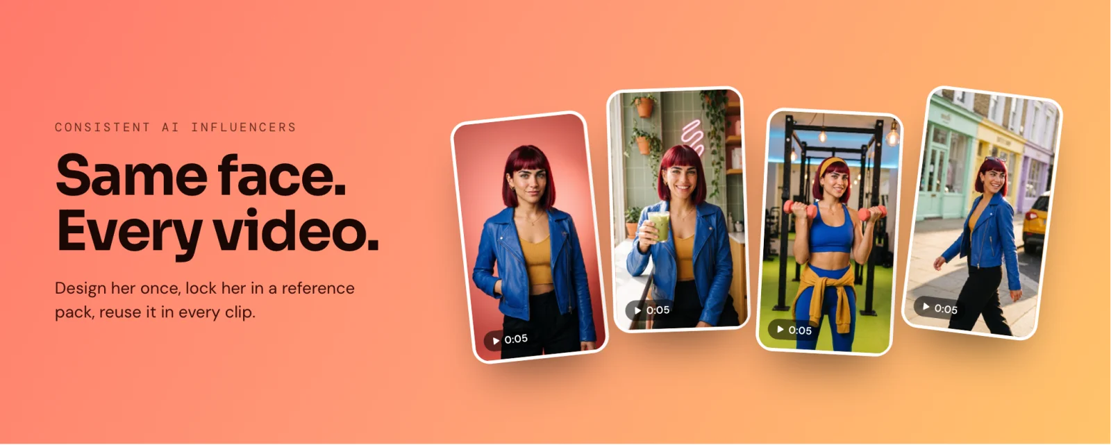 Same face, every video: one AI influencer shown identically across four video frames