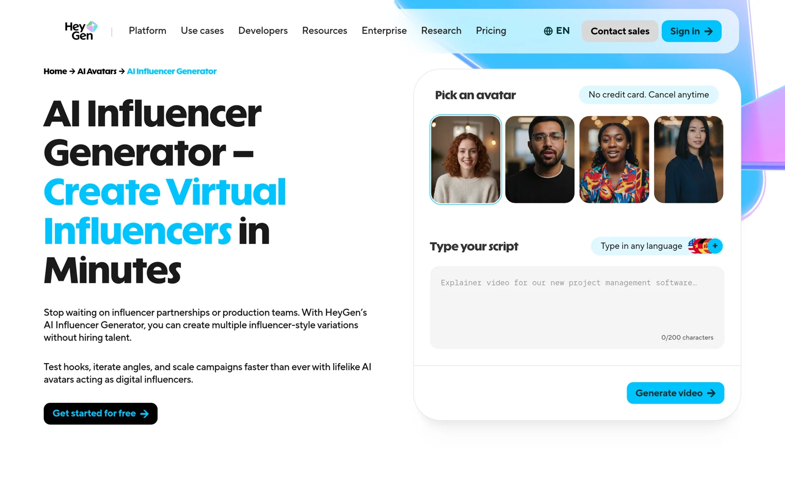 HeyGen AI influencer generator with avatar picker and script box