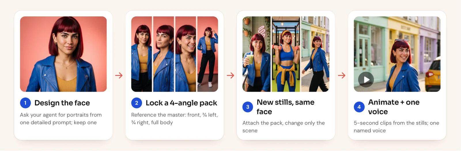 Four phases: design the face, lock it in a four-angle pack, make new stills, animate with one voice