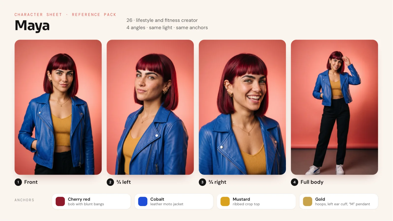 Four-angle reference pack of the same AI influencer: front, three-quarter left, three-quarter right and full body, with her colour anchors