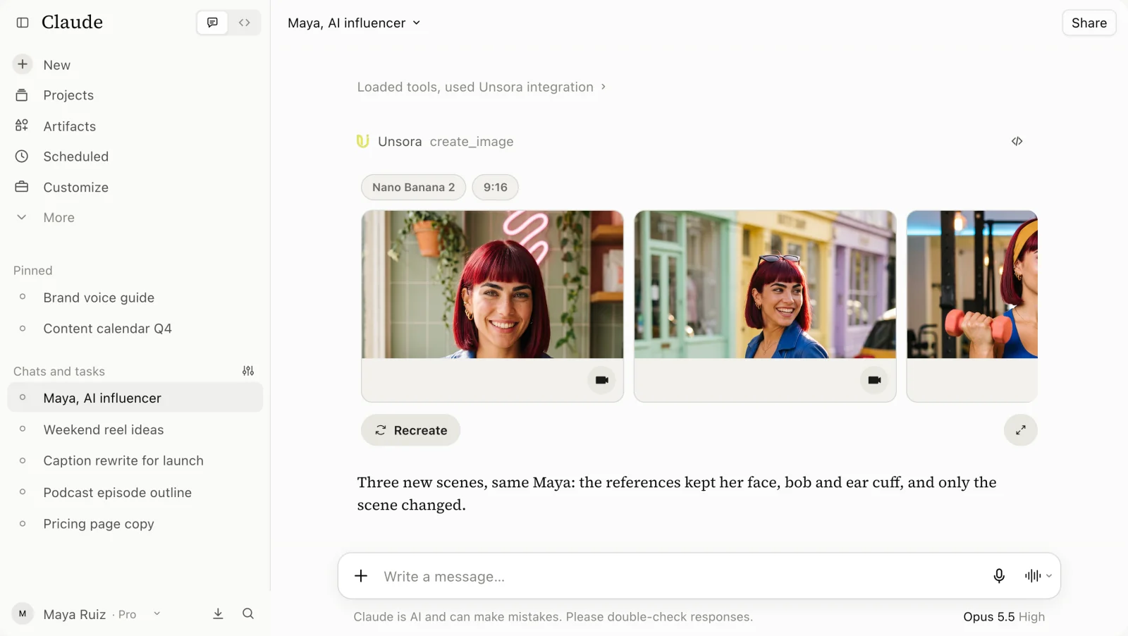 Unsora's create_image result in Claude with Nano Banana 2 and 9:16 badges: café, street and gym photos of the same woman, and Claude's note that the references kept her face, bob and ear cuff