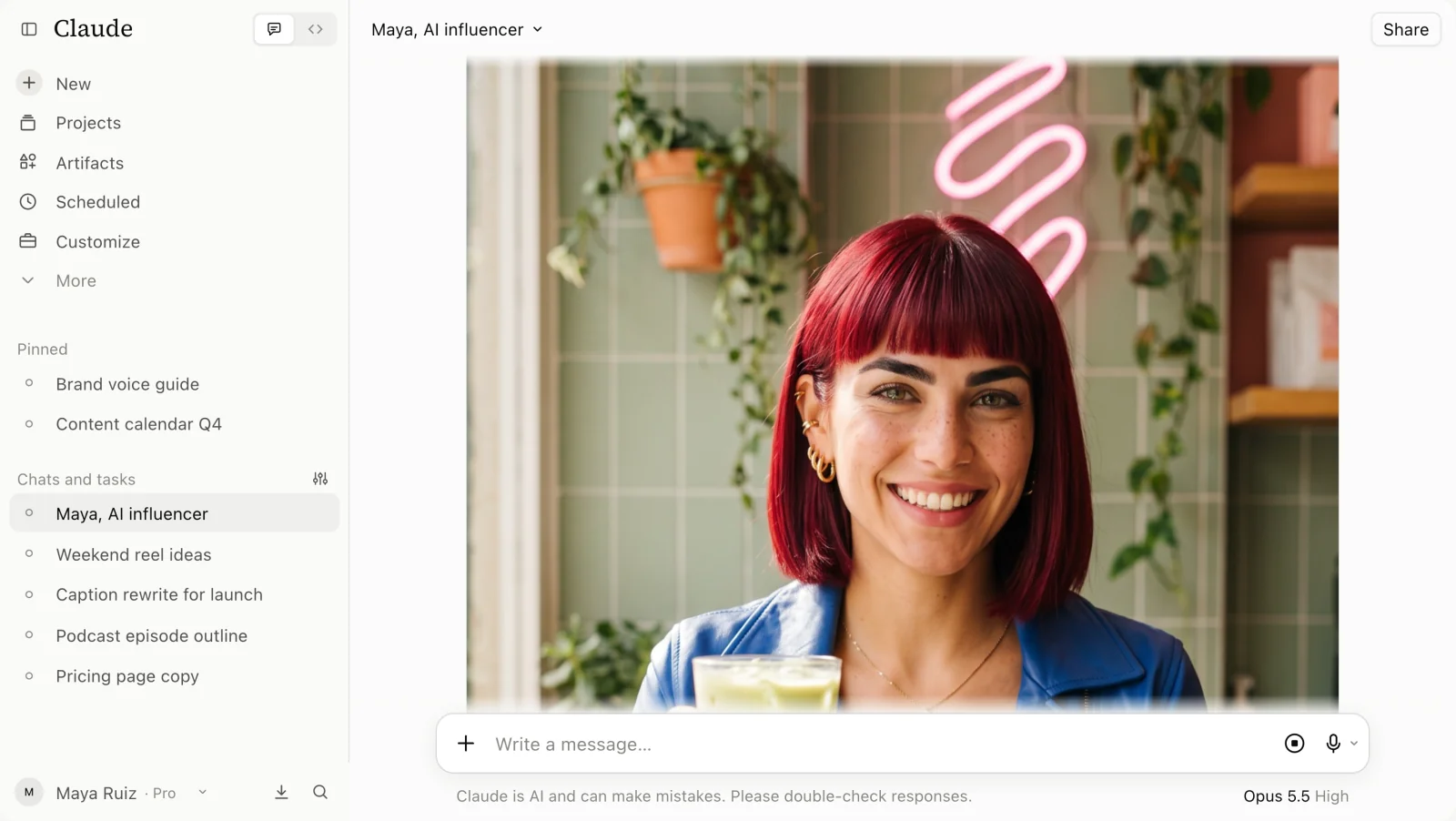 Maya's café clip from Unsora's create_video playing in the Claude chat: she smiles at the camera over her iced matcha, same face and cherry-red bob