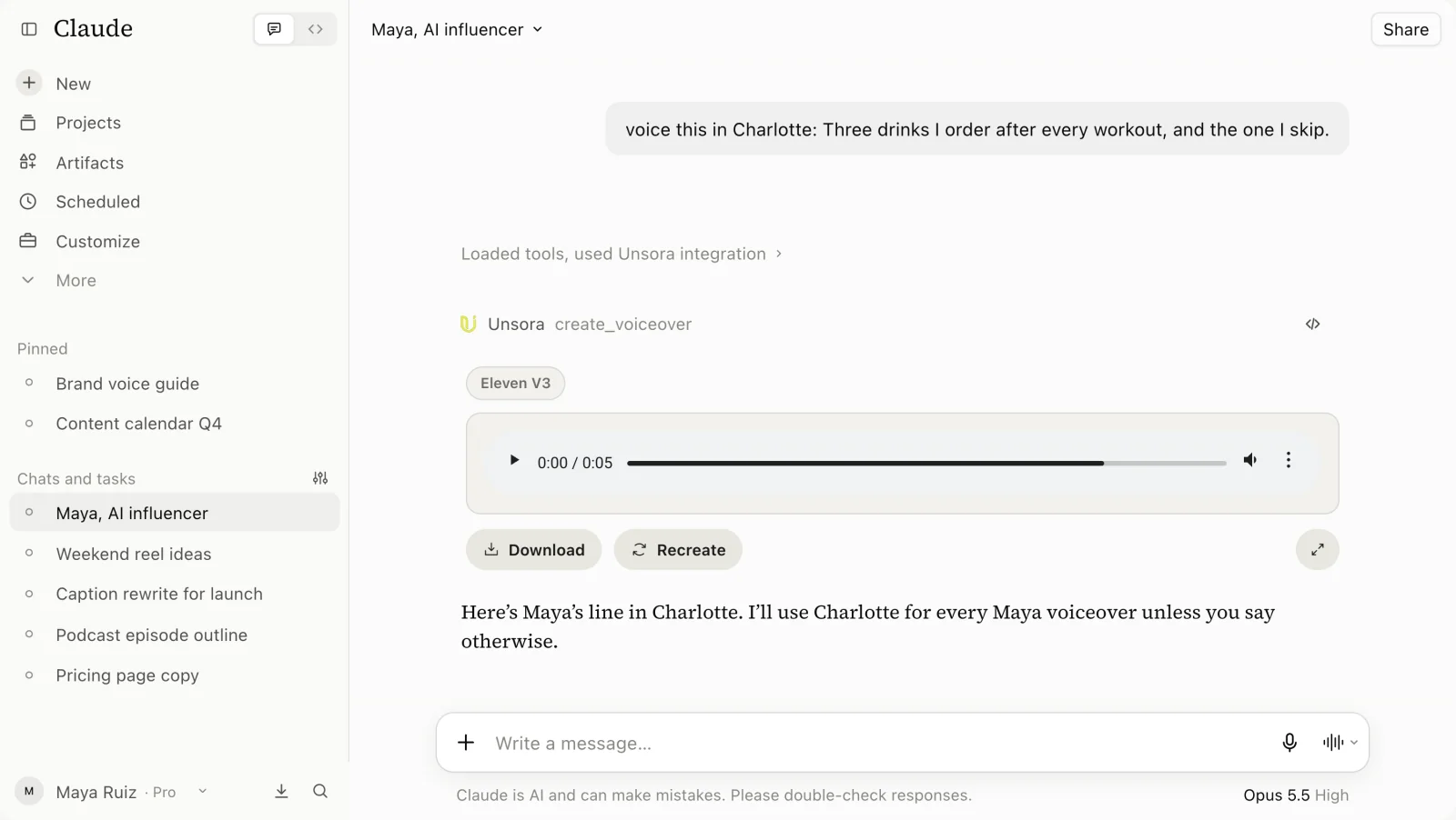 Claude calls Unsora's create_voiceover with the Charlotte voice and returns an Eleven V3 audio player with Maya's line
