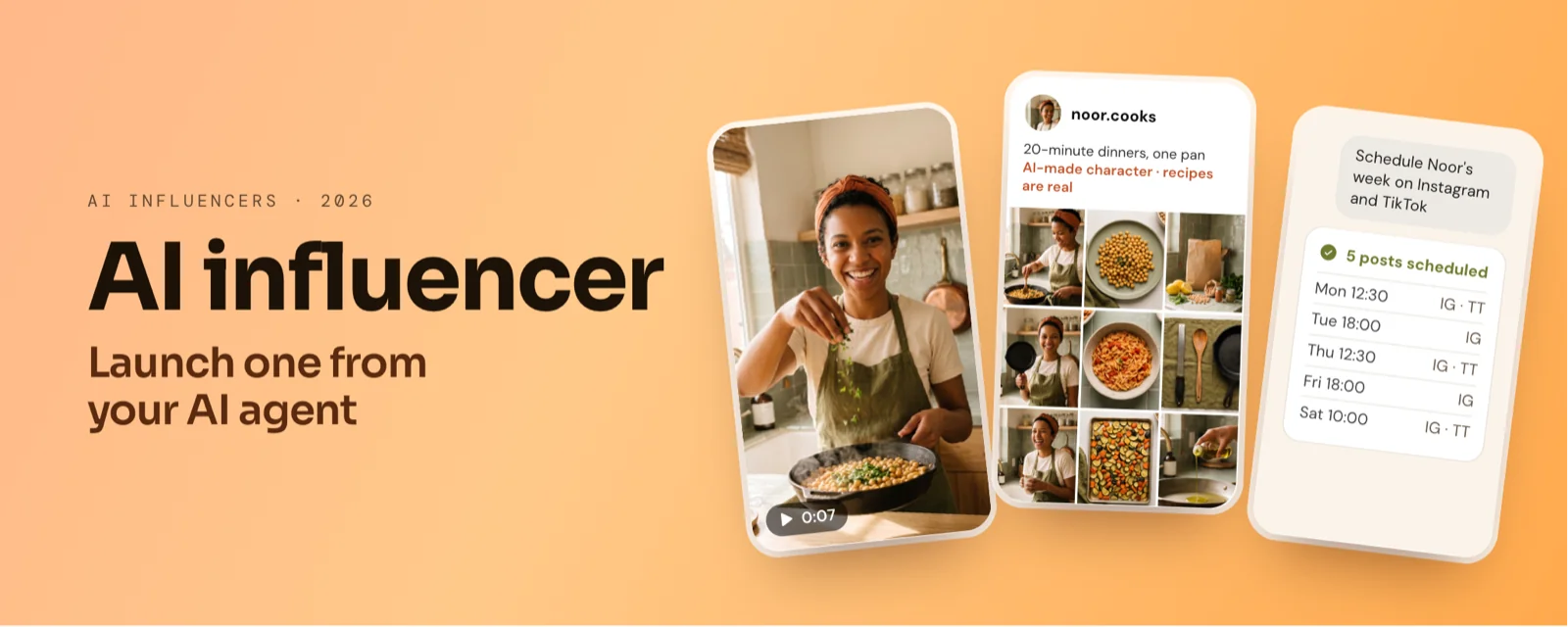An AI influencer named Noor shown on three tilted phone-sized cards next to the headline "AI influencer"