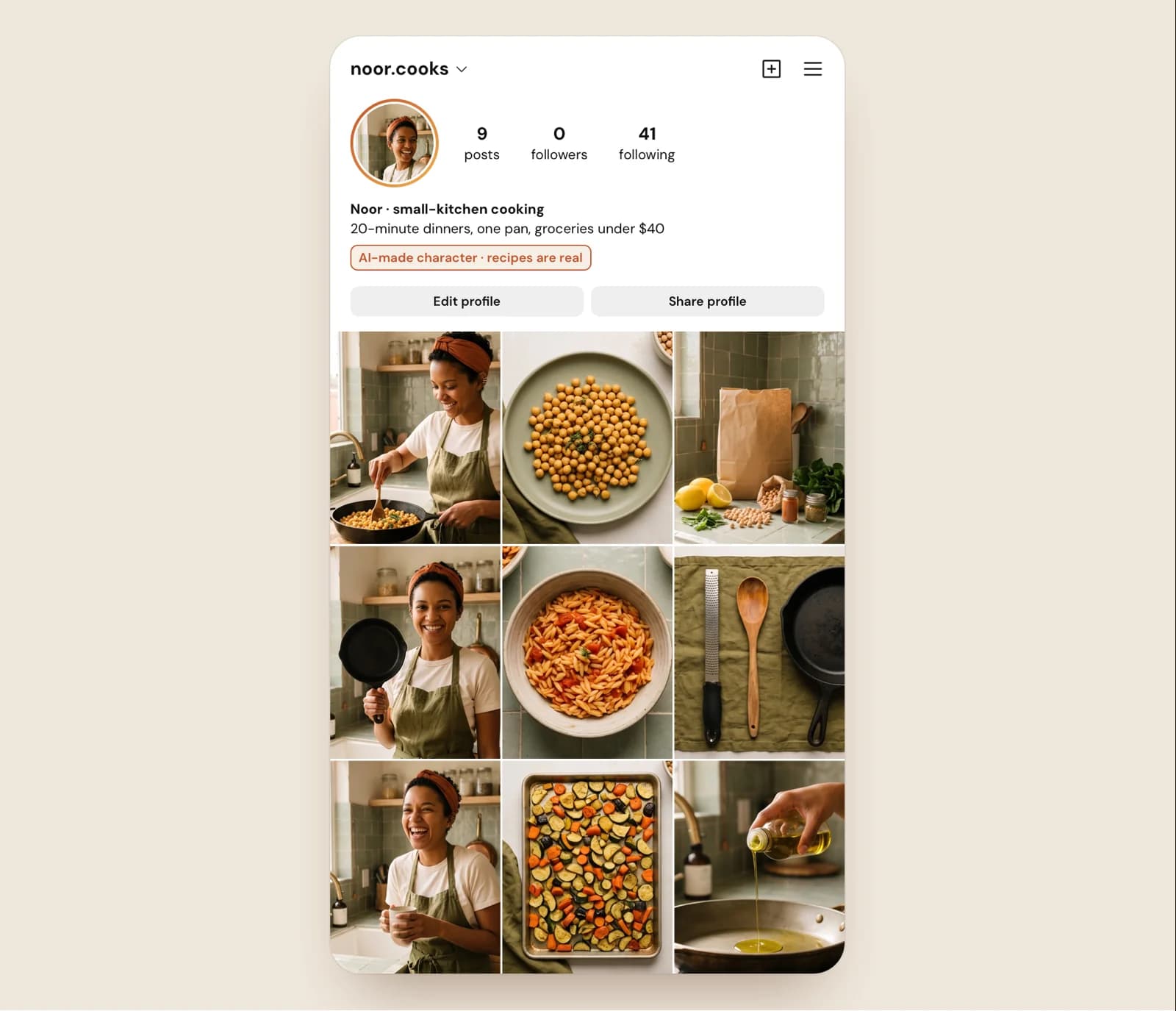 A profile for the AI influencer Noor with an AI disclosure in the bio and a nine-post first grid of cooking photos