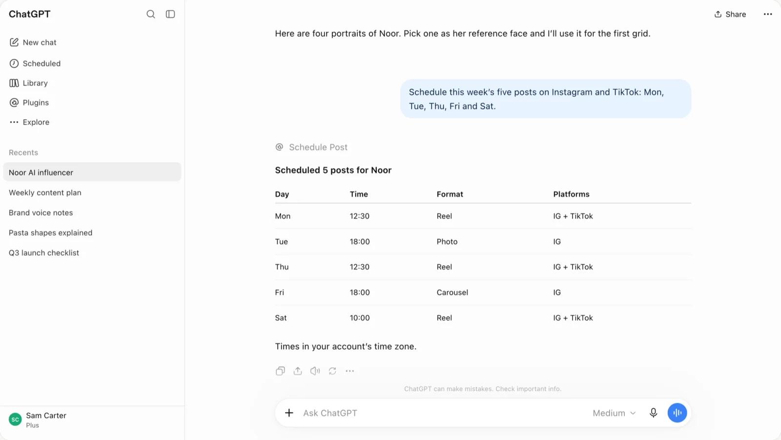ChatGPT confirming five scheduled posts for Noor across Instagram and TikTok from Monday to Saturday