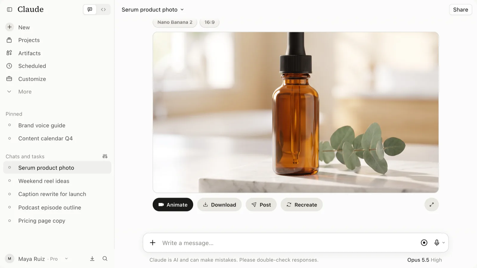Claude with the Unsora connector: create_image returns a 16:9 product photo of an amber serum bottle on marble, made with Nano Banana 2, with Animate, Download, Post and Recreate buttons