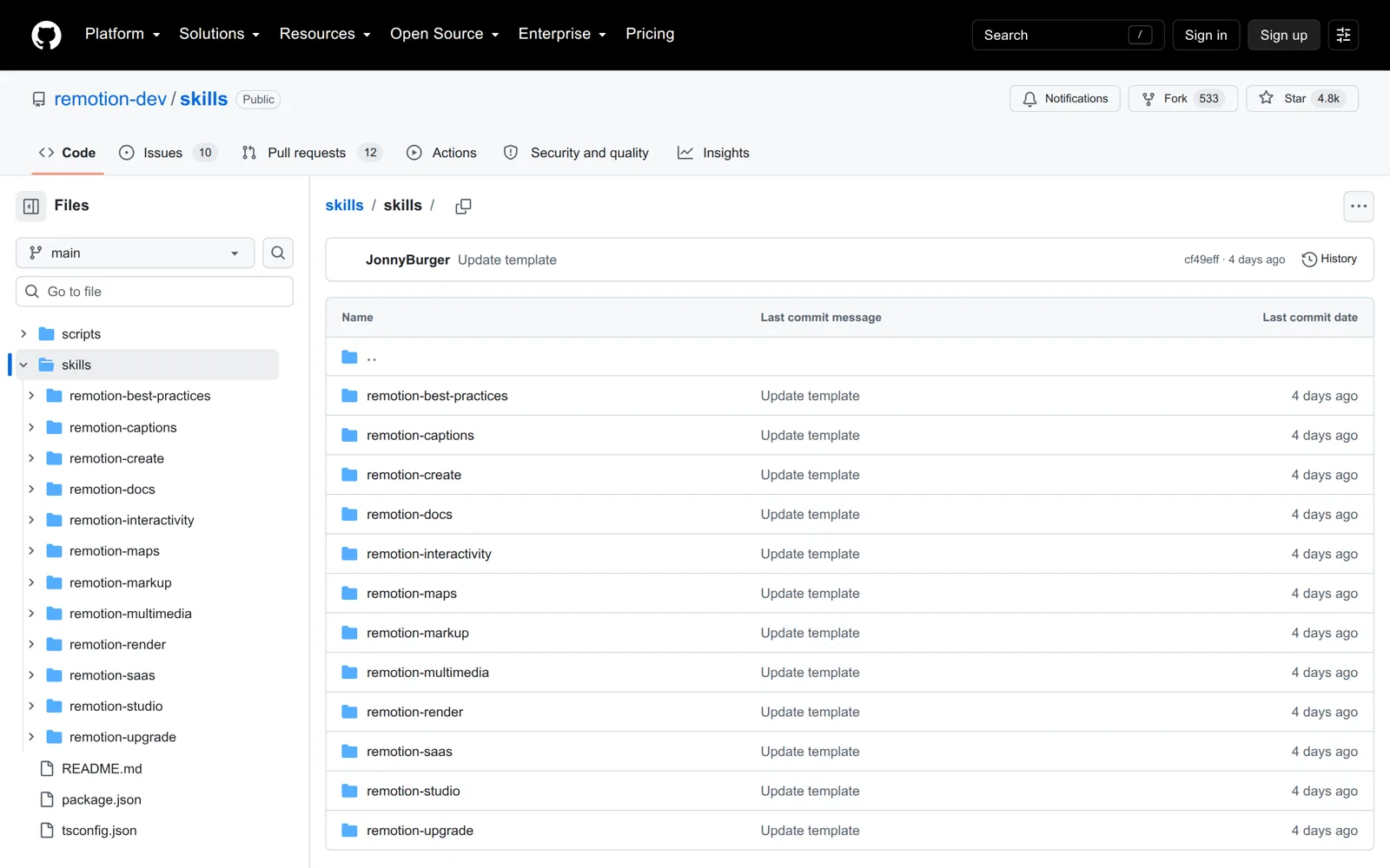 The remotion-dev/skills repository on GitHub listing twelve Remotion skill folders, from remotion-best-practices to remotion-upgrade