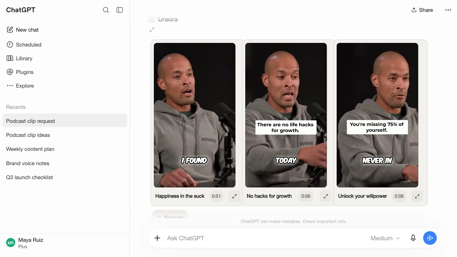 ChatGPT using Unsora: clip a podcast